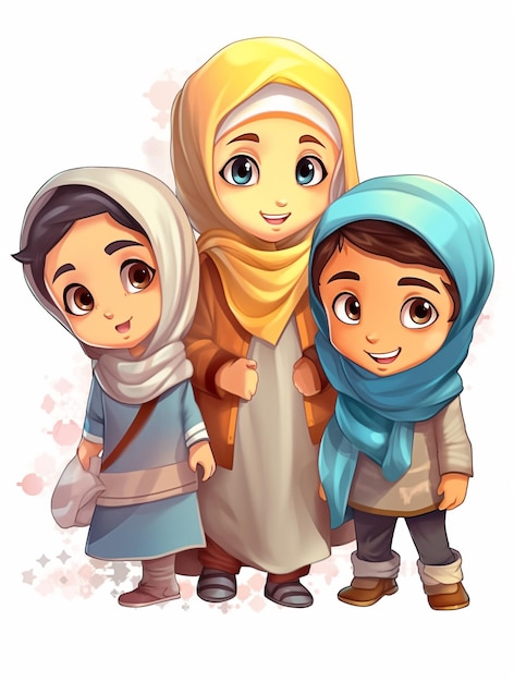 Un fumetto illustrazione di tre ragazze musulmane con un foulard blu e una ragazza che indossa un velo