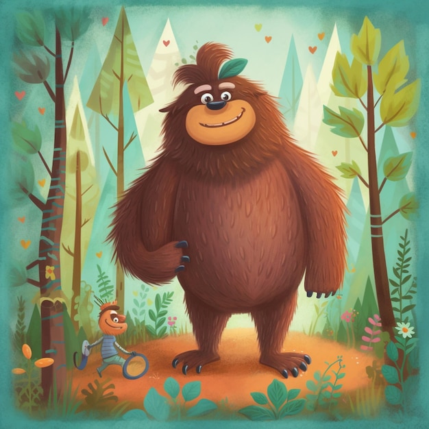 Un fumetto illustrazione di un bigfoot nella foresta