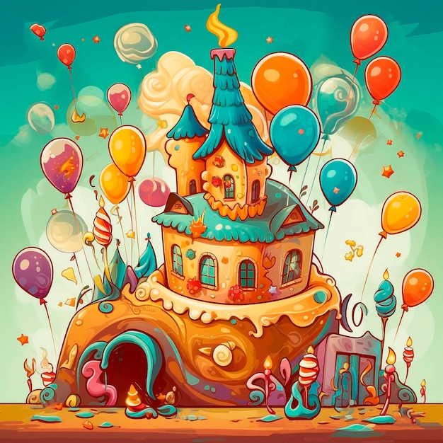 Un fumetto illustrazione di un castello con palloncini e palloncini.