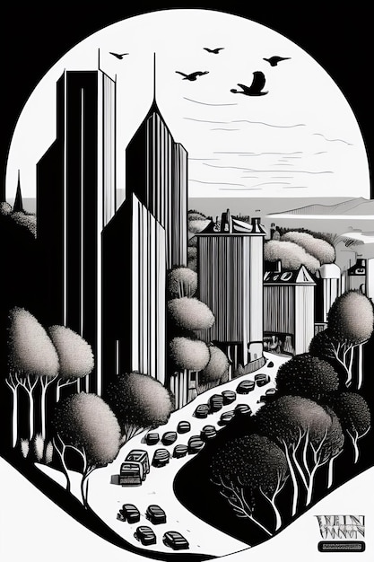 Un fumetto illustrazione di un edificio con una luna sullo sfondo