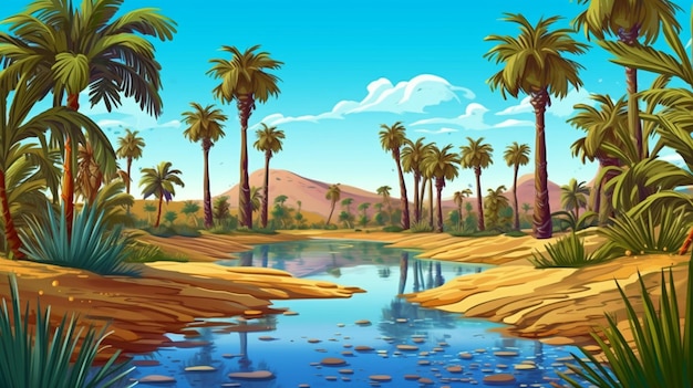 Un fumetto illustrazione di un fiume circondato da palme e rocce generative ai