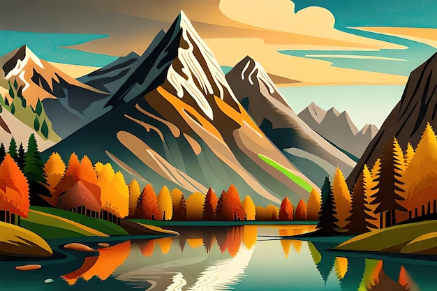 Un fumetto illustrazione di un fiume con una montagna sullo sfondo