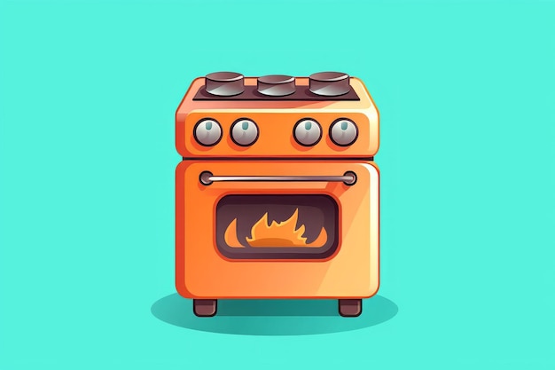 Un fumetto illustrazione di un forno arancione con un fuoco in alto.
