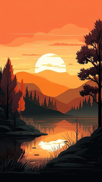 Un fumetto illustrazione di un lago con le montagne sullo sfondo.