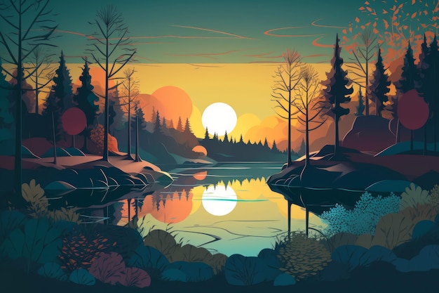 Un fumetto illustrazione di un lago con un tramonto sullo sfondo.