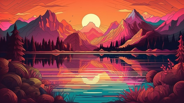 Un fumetto illustrazione di un lago di montagna con montagne e alberi sullo sfondo.