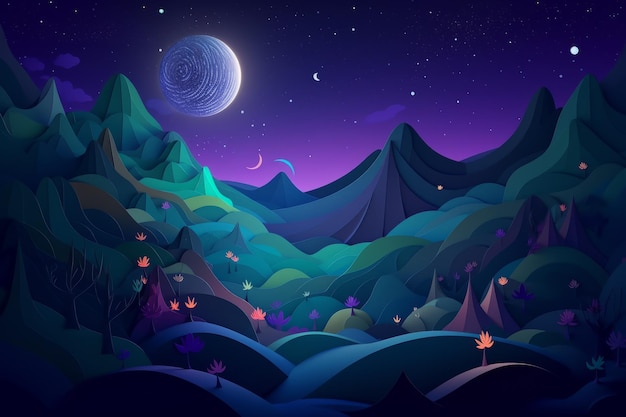 Un fumetto illustrazione di un paesaggio di montagna con la luna e le stelle.