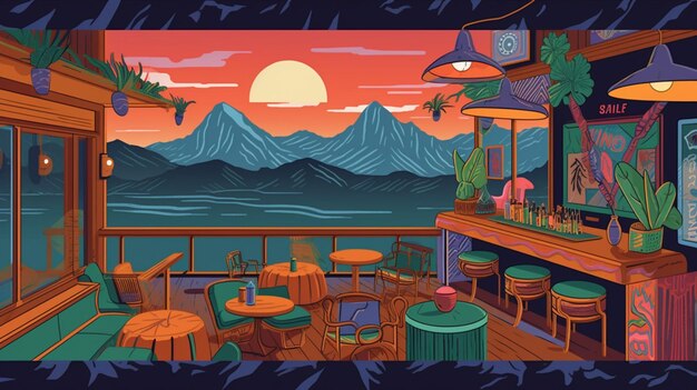 Un fumetto illustrazione di un ristorante con le montagne sullo sfondo.