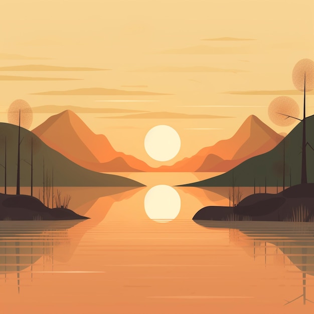 Un fumetto illustrazione di un tramonto con montagne e alberi sullo sfondo.