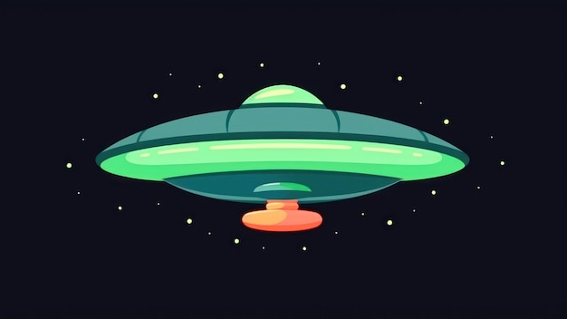 Un fumetto illustrazione di un ufo verde con una luce rossa.