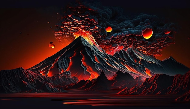 Un fumetto illustrazione di un vulcano con un vulcano sullo sfondo.