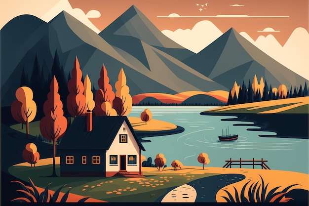 Un fumetto illustrazione di una casa in riva al lago con le montagne sullo sfondo.