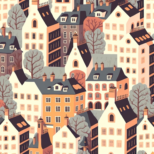 Un fumetto illustrazione di una città con un sacco di case.