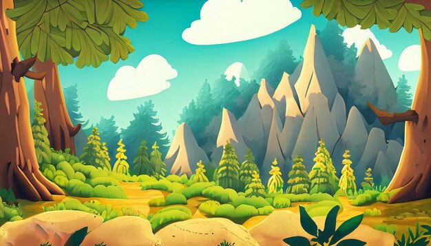 Un fumetto illustrazione di una foresta con montagne e alberi.