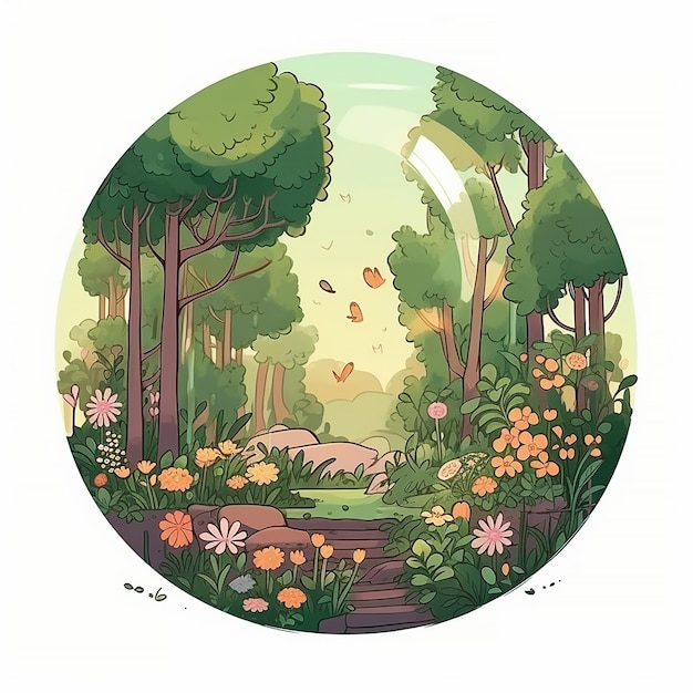 Un fumetto illustrazione di una foresta con un sentiero e fiori.