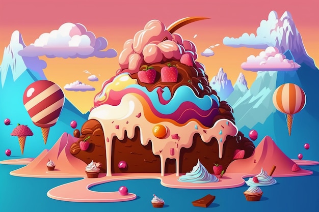 Un fumetto illustrazione di una montagna con una torta gigante su di esso.
