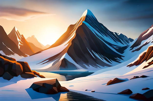 Un fumetto illustrazione di una montagna innevata con un tramonto sullo sfondo.