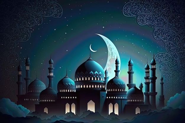 Un fumetto illustrazione di una moschea con una falce di luna sullo sfondo.