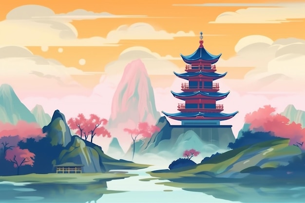 Un fumetto illustrazione di una pagoda in un paesaggio di montagna ai generativo
