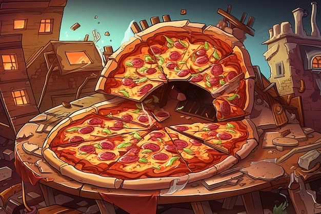 Un fumetto illustrazione di una pizza con la parola pizza su di esso