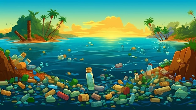 Un fumetto illustrazione di una spiaggia con immondizia e bottiglie di plastica ai generativa