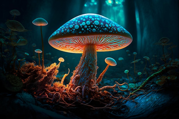Un fungo blu in una foresta oscura con uno sfondo blu.