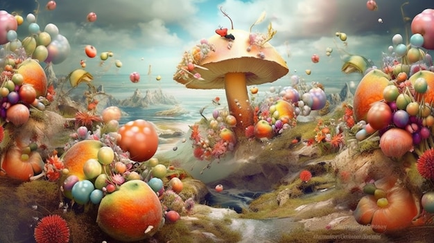 Un fungo colorato è circondato da palline colorate e un fungo.