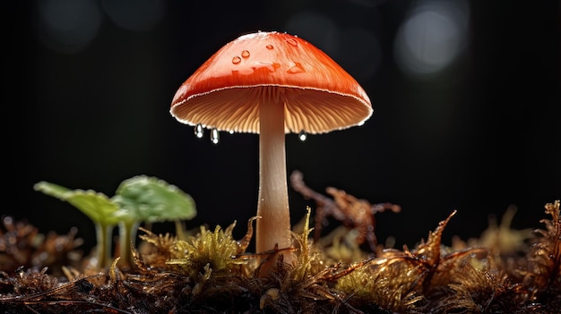 Un fungo con gocce d'acqua sopra e una foglia verde sullo sfondo.