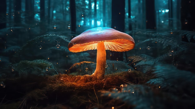 Un fungo in una foresta oscura con un fungo rosso incandescente in primo piano.