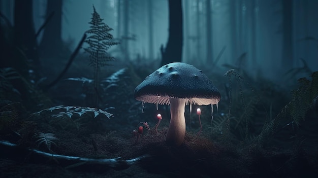 Un fungo in una foresta oscura con una luce accesa