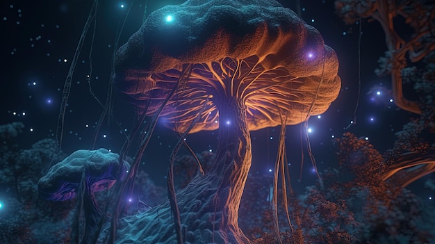 Un fungo luminoso con sopra un albero