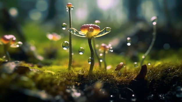 Un fungo nella foresta con delle gocce d'acqua sopra