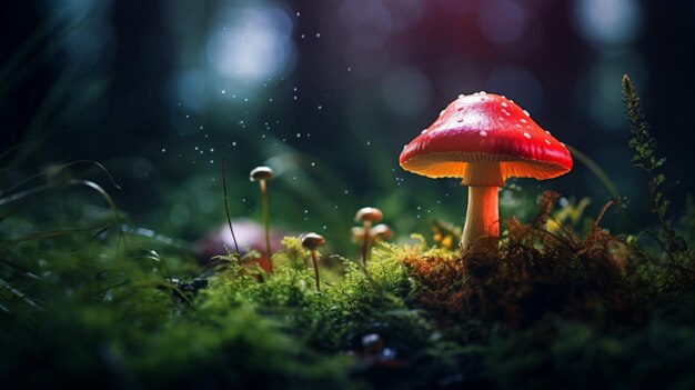 un fungo rosso è seduto sul suolo della foresta nello stile di un'incantevole illuminazione magenta scuro e verde chiaro