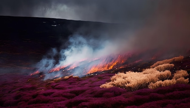 Un fuoco brucia in un campo con fumo viola