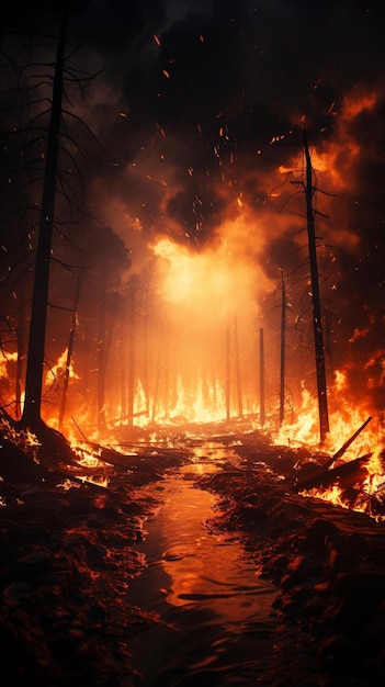 un fuoco brucia in una foresta piena di alberi