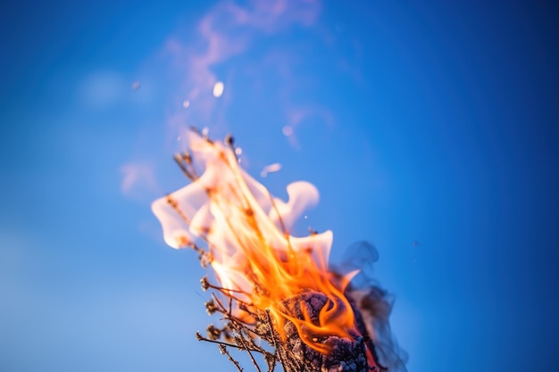 Un fuoco brucia nel cielo con uno sfondo blu.