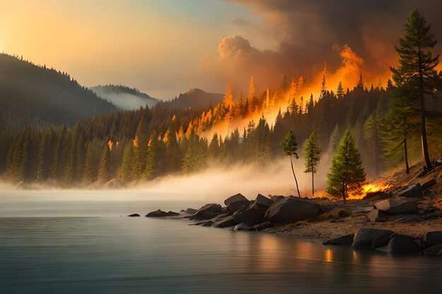 Un fuoco brucia nelle montagne sopra un lago.