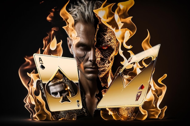 Un fuoco che brucia carte da gioco con una faccia e una faccia con sopra le parole asso.