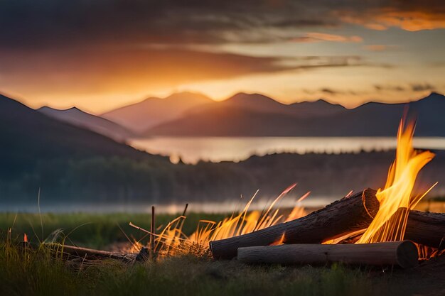 un fuoco di campo con le montagne sullo sfondo