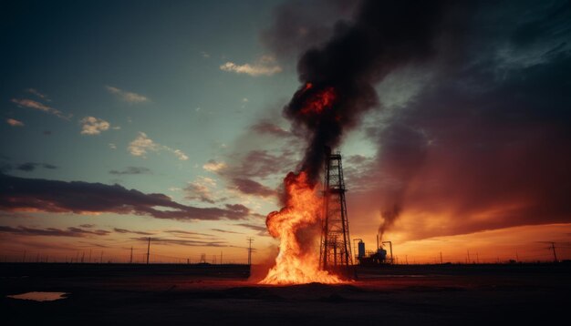 un fuoco e del fumo che escono da una torre