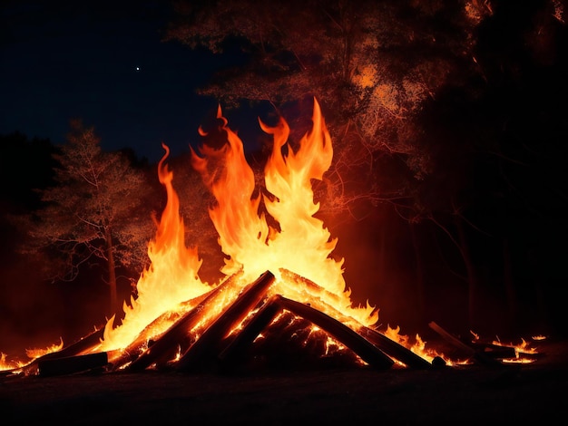 Un fuoco giallo brillante che arde contro il cielo notturno è generato