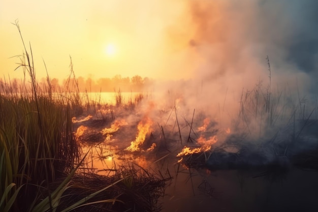 Un fuoco in natura sta bruciando sullo sfondo del sole