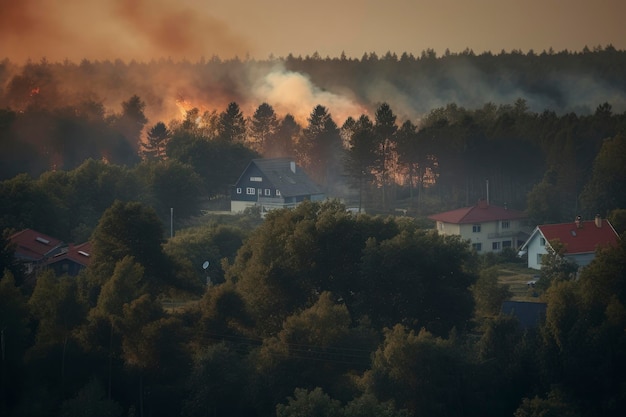 Un fuoco nella foresta sta bruciando la sera.