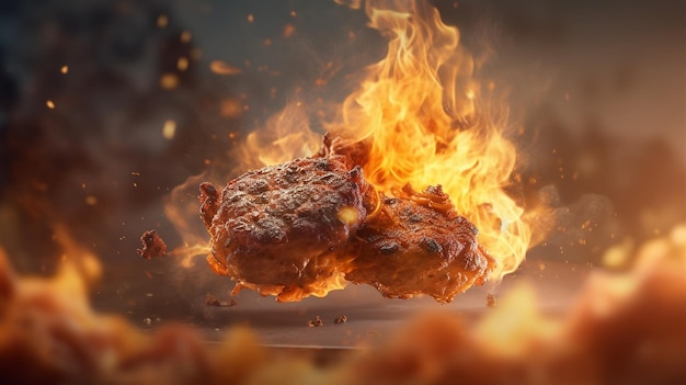 Un fuoco sta bruciando su una griglia con due hamburger sulla griglia.