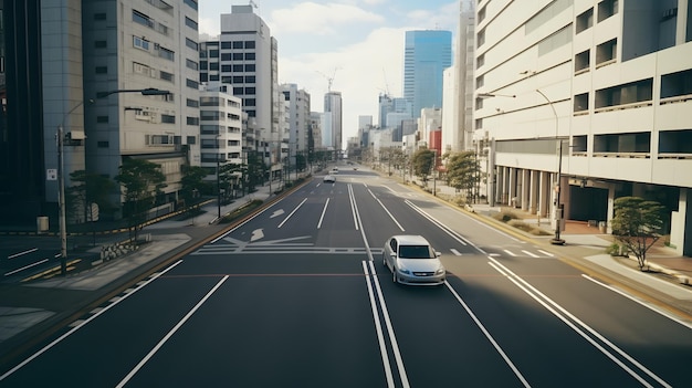 Un furgone bianco che guida per una strada accanto a edifici alti AI generativa