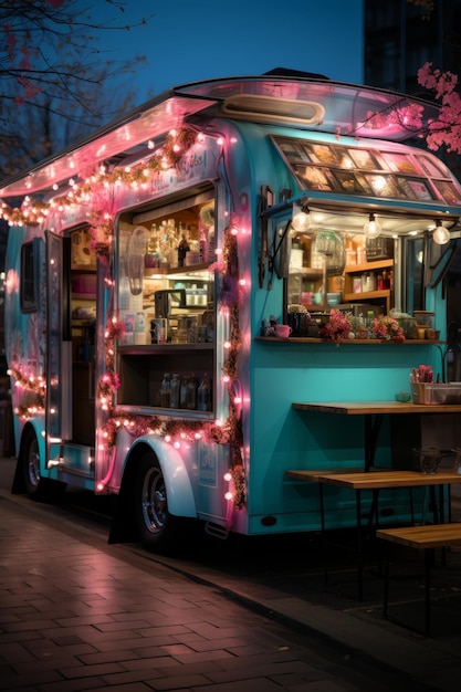 Un furgone con cibo di strada Un camion di cibo