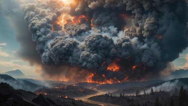 Un furioso inferno di fiamme avvolge una vasta distesa di pini, il fumo si alza verso il cielo in un pennacchio caotico