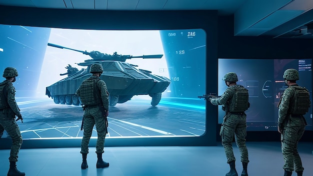 Un futuristico display olografico in un'aula militare virtuale integrato nell'esperienza di apprendimento