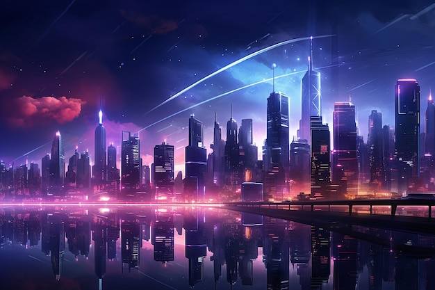 Un futuristico skyline della città notturna nel futuro