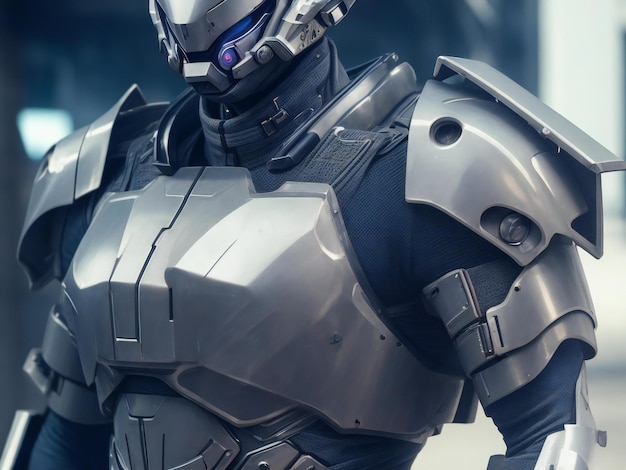 Un futuristico soldato cyborg in una tuta di metallo protegge dal pericolo generato